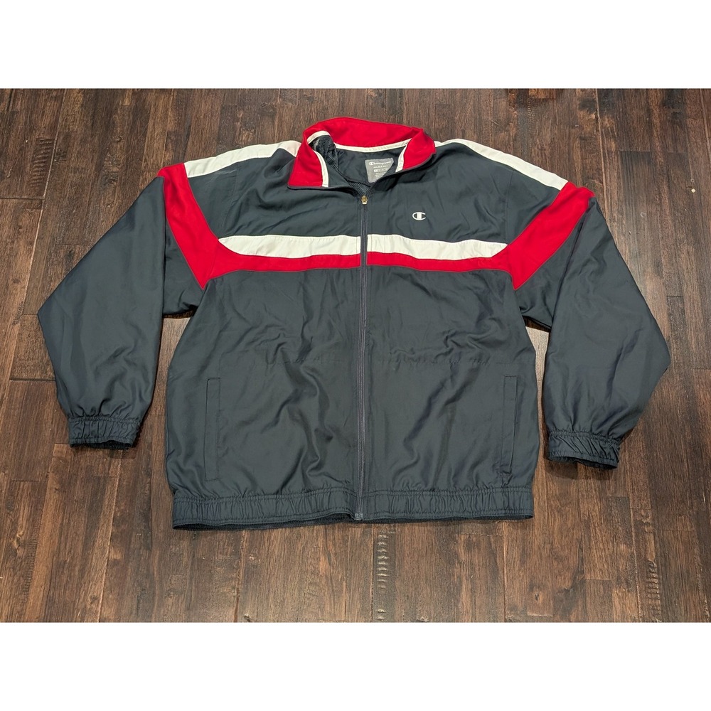 Champion Windbreaker Jacket Mens XL Gray Red White Track Athletic Full Zip Light